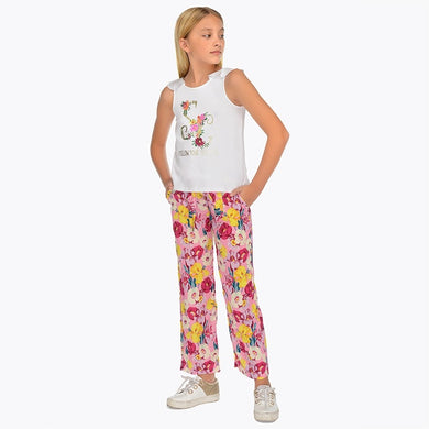 Girls Delicate Floral Print Chiffon Elasticated (and adjustable) Waisted Loose Fitting Trousers with Matching Tie Belt