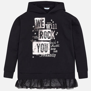 Girls "We Will Rock You" Screen Printed and Stud Detailed Hooded Top with Frilled Netted Edge