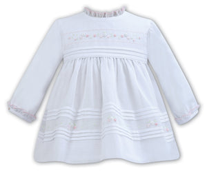 Girls Long Sleeved Dress with Embroidered, Applique and Pleat Detail, Frilled Detailed Neckline