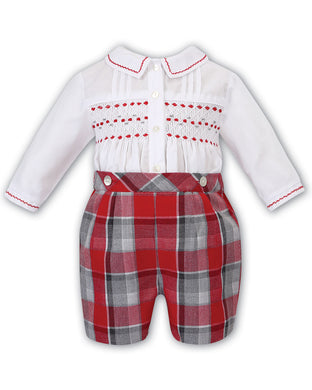 Boys 2 Piece Shorts Set with Hand Smocked, Embroidered Shirt and Red Tartan Shorts with Adjustable Waist