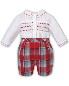 Boys 2 Piece Shorts Set with Hand Smocked, Embroidered Shirt and Red Tartan Shorts with Adjustable Waist