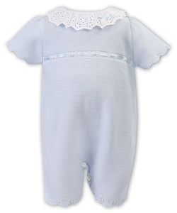 Baby Girls Fine Detailed Knitted Short Sleeved All in One. Lace Trim Collar, Scalloped Egding, Ribbon and Bow Detail