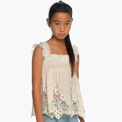 Girls Barbot Smock and Ruffled Detailed Strappy Fitted Top with Loose Fitting Delicate Embriodery Finish