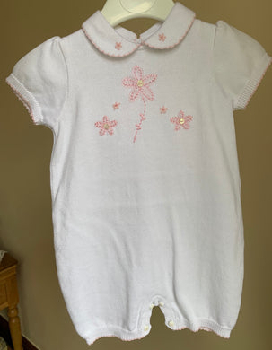 Baby Girls Fine Knit Cotton Short Sleeved Romper, Contrasting Embroidery and Button Detail on Front, Trim on Sleeves and Peter Pan Collar