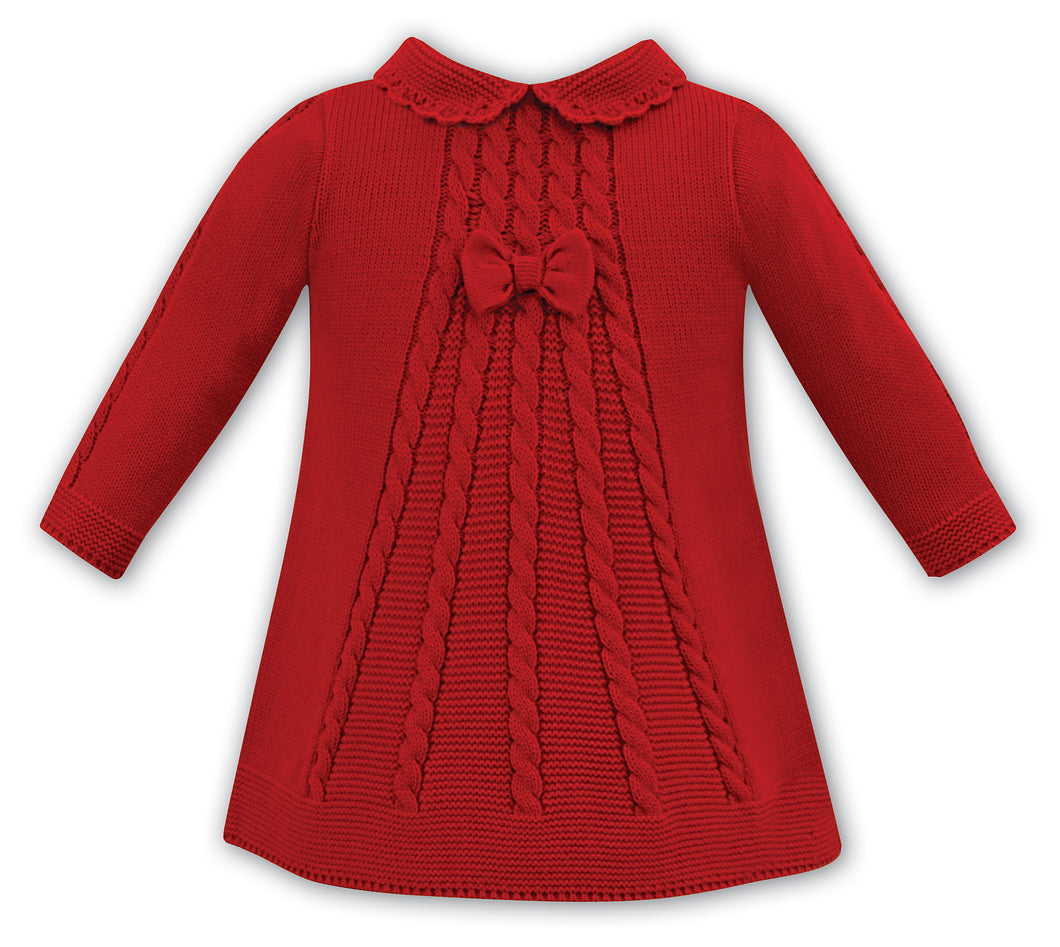 Girls Long Sleeved Bow and Cable Detailed Knitted A Line Dress with Peter Pan Styled Colar