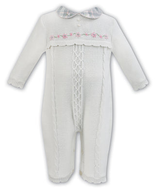 Girls Embroided, detailed Collar Cable Knitted RomperIvory/Pink/Grey Romper