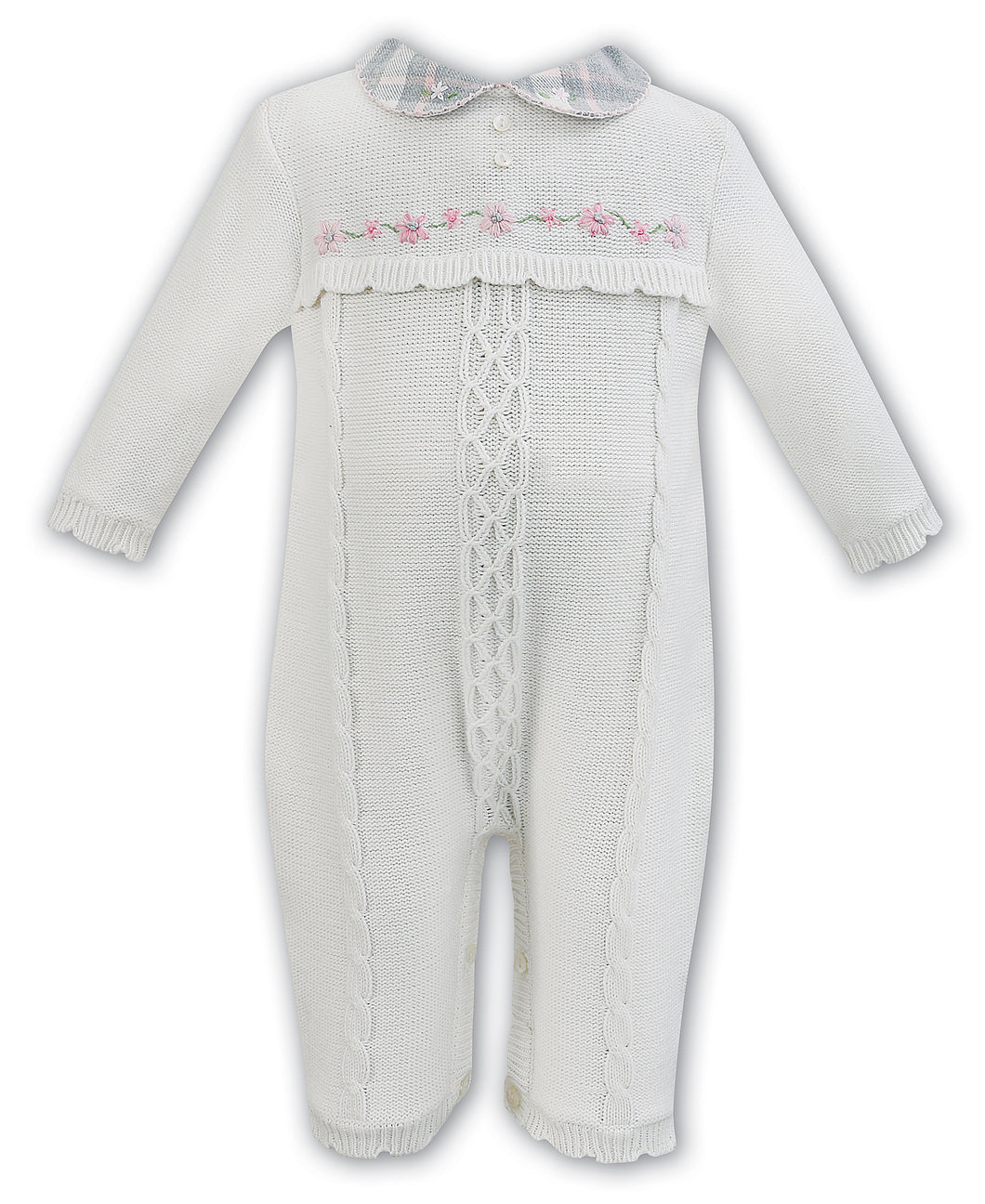 Girls Embroided, detailed Collar Cable Knitted RomperIvory/Pink/Grey Romper