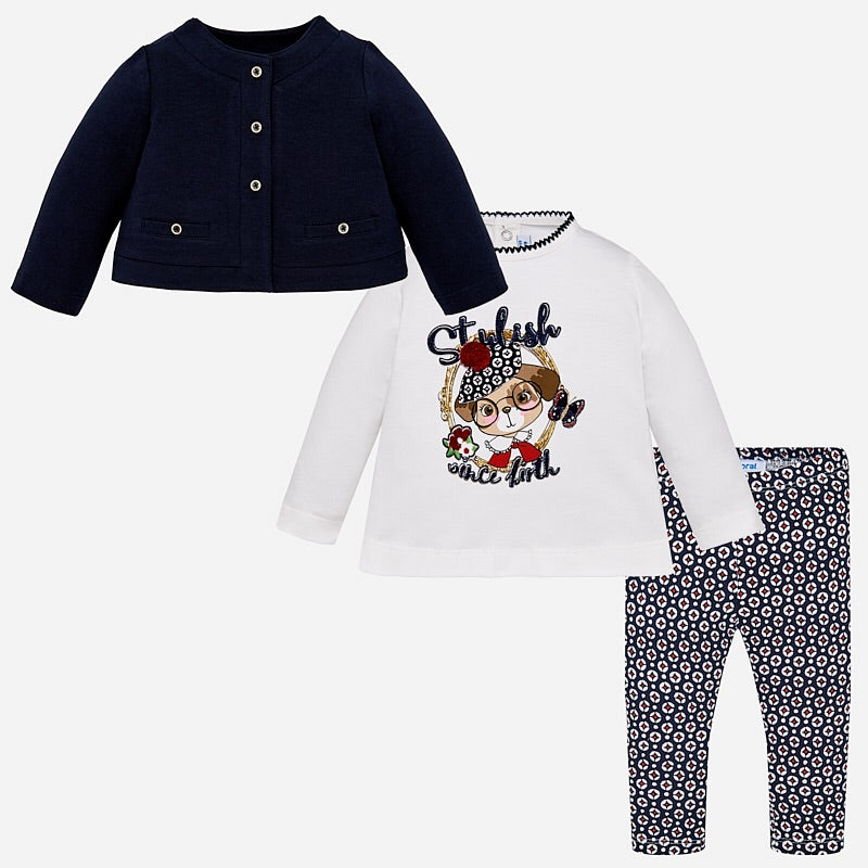 Girls 3 Piece Set, Long Sleeved Print Detail T-Shirt, Patterened Leggings and Jacket Style Cardigan with Pocket Detail