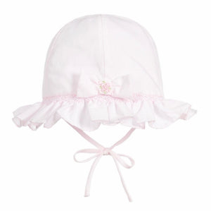 Girls Sun Hat, Smocking and Frill Detail with Embroidered Detailed Bow.  Under Chin Tie