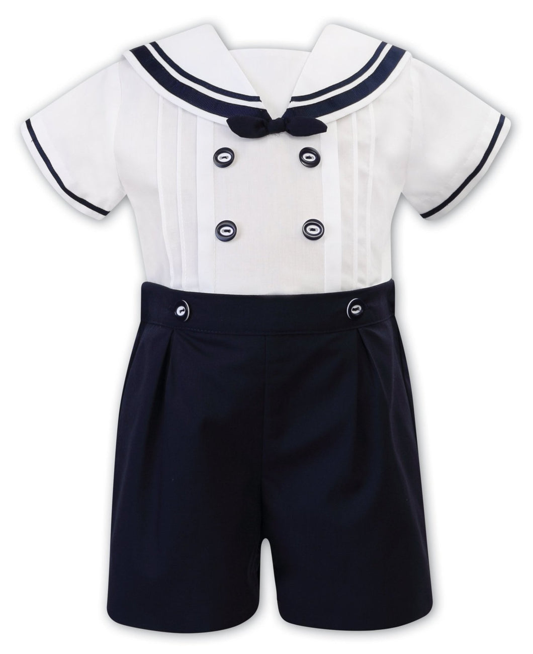 Boys 2 Piece Short Sleeved Set Sailor Style, Collar with Bow and Ribbon Trim, Shorts with Pleated Front and Button Fastening to Shirt