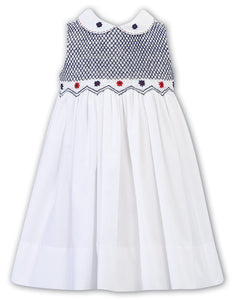 Girls Sleeveless Dress, Hand Smocking and Embroidered Bodice, Peter Pan Collar with Embroidered Detail.