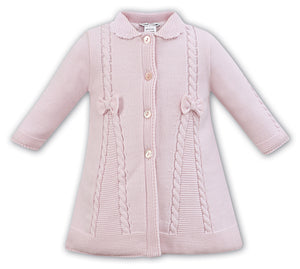 Baby Girls Cable and Bow Detailed Full Length Knitted Coat with Scalloped Edged Collar