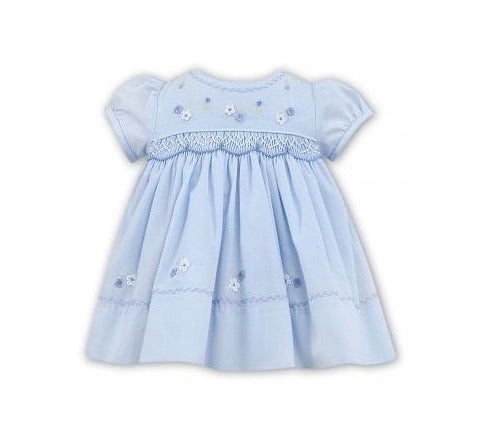 Girls Short Sleeved Dress with Detailed Round Neckline, Hand Smocking, Deliccae Emroidered and Applique Detail