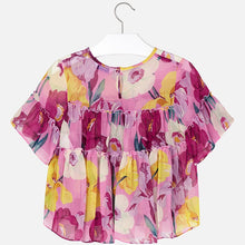 Girls Delicate Floral Print Chiffon Short Sleeved Blouse. Round Neck. Back Button Fastening.