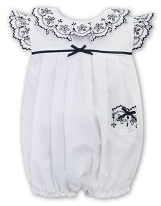 Baby Girls Romper Embroidered Detailed Collar, Cap Sleeve and Pocket with Contrasting Bow Trim