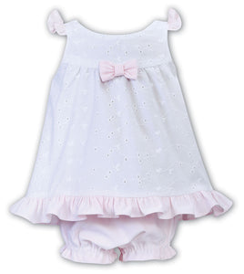 Girls Broiderie Anglaise Short Dress Complimented Trim on Hemline, Sleeves and Detailed Bow and Matching Pants