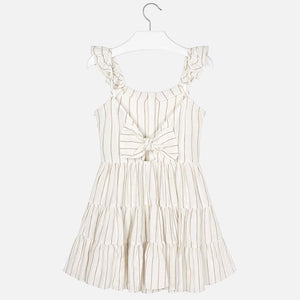 Girls Ruffled Strap Metalic Stripped Dress with Front Fastening Buttons, Fitted Waist and Open Back with Bow Detail