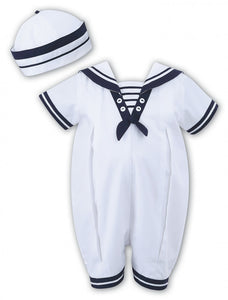 Boys Sailor Style Short Sleeved Romper with Matching Hat Contrasting Trim, Button and Bow and Front Pleated Detail