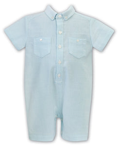 Baby Boys Fine Stripped Short Sleeved Romper with Button Down Collar, Breast Pockets and Button Down Front