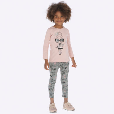 Girls Legging Set in Soft Stretch Cotton, Jewel Detailed Designed Front with Long Sleeves and Dolls Print Design Leggings