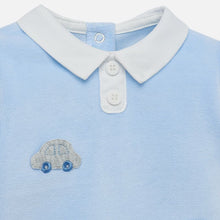 Baby Boys Soft Velvety Romper with Embroidered Cars, Contrasting Shirt Style Collar with Button Detail Front