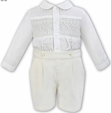 Boys 2 Piece Set, Traditional Hand Smocked and Embroidered Long Sleeved Shirt with Peter Pan Collar and Short Pants with Pleat Detail and Pockets