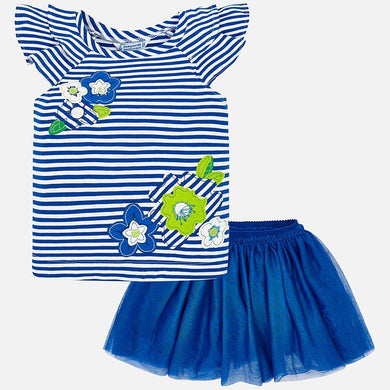 Girls Tulle Skirt with Elasticated Waist and Sleeveless Stripped Top with Ruffled Trim and Applique Detail on Front