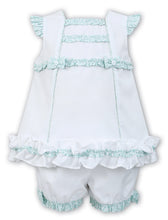 Girls Sleeveless Dress and Pants Set in Crisp Cotton Complimented with Contrasting Delicate Print Trims and Bows