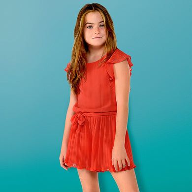 Girls Stud Detailed Short Sleeved Playsuit with Elasticated Waist with Belt and Soft Flowing Pleated Shorts in Chiffon.