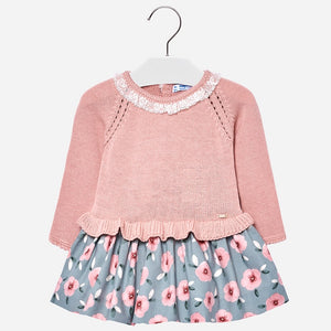 Girls Combination Dress, Fine Knit Long Sleeves Top with Peplum Waist and Lace Collar and Soft Sheen Floral Print Skirt