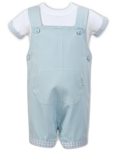 Boys Dungarees and T-Shirt Set with Contrasting Fabric Detail on Sleeves and Dungarees Front Pocket and Turn ups.