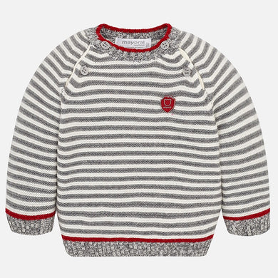 Boys Stripped Cotton Blend Jumper with Button Fastening Neckline and Contrasting Stripe on Sleeves, Neckline and Waist