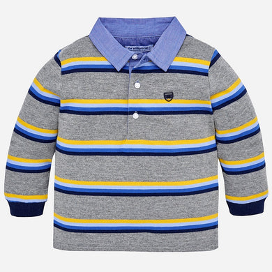 Boys Long Sleeved Stripped Polo Shirt with Chambray Cotton Collar