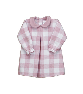 Girls Long Sleeved Checked Dress with Contrasting Peter Pan Collar and Full Front Pleat, in Super Soft Fabric