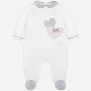 Beautiful Romper with Feet in Soft Velvety Fabric, Contrasting Round Collar, trim and Feet with Applique Hearts Detail