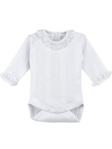 Baby Girls Long Sleeved Body Vest in Super Soft Cotton with Scalloped Detailed Frilled Collar.