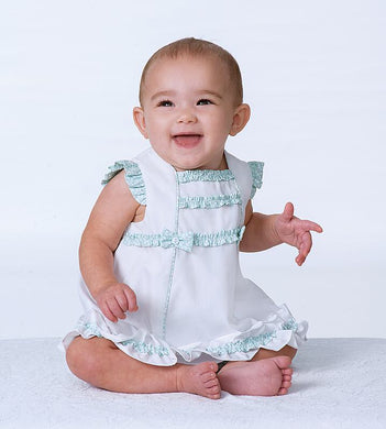 Girls Sleeveless Dress and Pants Set in Crisp Cotton Complimented with Contrasting Delicate Print Trims and Bows