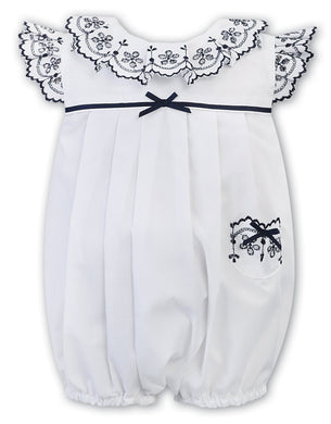Baby Girls Romper, Embroidered Detail Frilled Collar, Cap Sleeve and Pocket. Bow Detail on Chest, Pleated Front