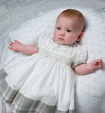 Girls Short Sleeved Dress with Delicate Embroidered Smocking Front, Tartan Trim on Sleeves, Hem and Peter Pan Collar