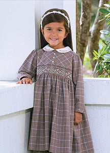 Girls Long Sleeved Traditional Hand Smocked Embroidery Dress, Contrasting Embroidered Peter Pan Collar. Front Button Detail.