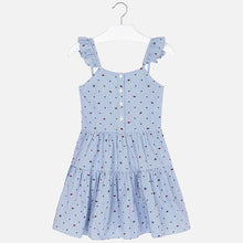 Girls Striped with Stars Dress in Poplin Fabric Fitted to Waist with Tiered Skirt. Button Front Fastening with Bow Detail