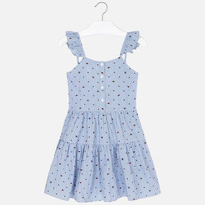 Girls Striped with Stars Dress in Poplin Fabric Fitted to Waist with Tiered Skirt. Button Front Fastening with Bow Detail