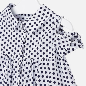 Girls Polkadot Off the Shoulder Blouse with Bow Detail on Open Sleeve, Shirt Collar, Fitted to the Chest with Loose Bodice