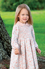 Girls Traditional Hand Smocked and Embroidered Floral Print Long Sleeved Dress with Contasting Peter Pan Collar