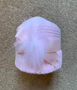 Girls Knit Cotton Lined Hats with Bow and Fur Pom Detail