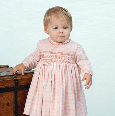 Girls Long Sleeved Dress in a Delicate Checked Fabric, Traditional Hand Smocked Embroidered Detail, Round Detailed Neckline