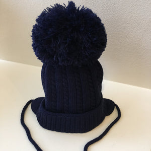 Large Pom Cable Detailed Knitted Hat with Ear Protectors and Under Chin Ties