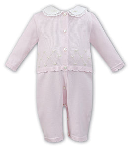 Baby Girls Knitted 2 Piece Leggings /Top Set with Embroidered Detail, Delicate Cotton and Lace Peter Pan Collar