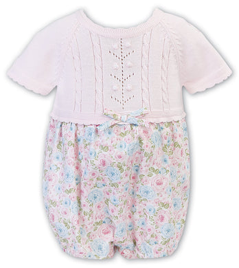Baby Girls Bubble, Short Sleeved, Detailed Fine Knitted Bodice with Floral Print Bottom, Bow Detail