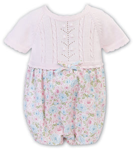 Baby Girls Bubble, Short Sleeved, Detailed Fine Knitted Bodice with Floral Print Bottom, Bow Detail